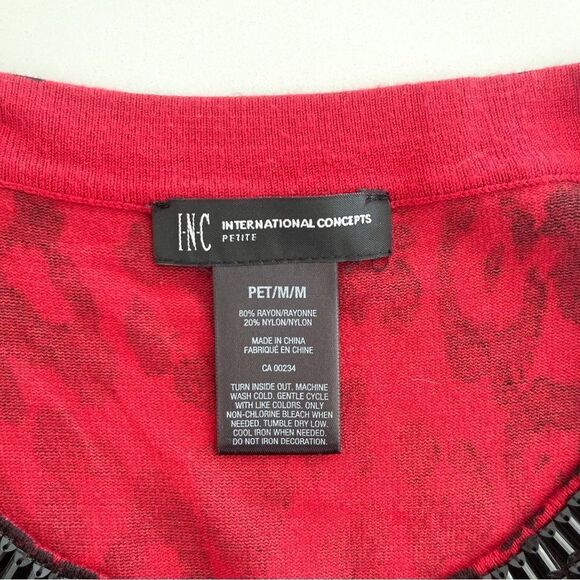INC Leopard Sweater Top Red Black Bead Collar Trim Women's Petite M Long Sleeved - Picture 5 of 9